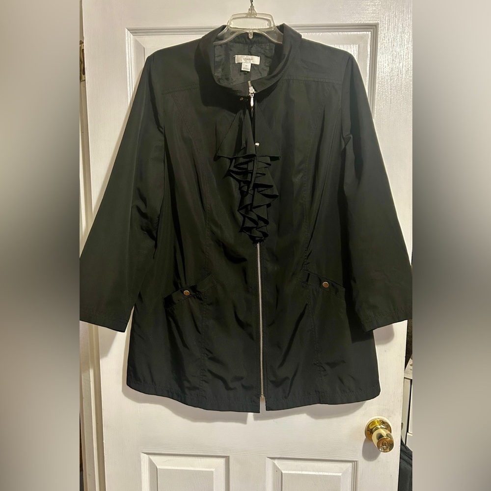 CJ Banks Dark Trench Coat with Ruffle Accent